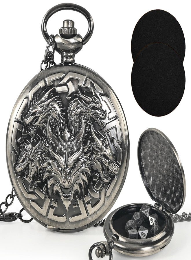 Kabinka DND Dice Set, 7pcs Mini Metal Dice with Pocket Watch Shell, Portable D&D with Necklace, Dungeons and Dragons Dice for RPG(Five-Headed Dragon, Ancient Silver) - Image 1